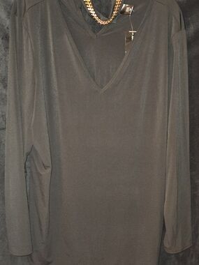 Ashley Stewart Black Long Sleeve V-Neck Top with Chain Detail
